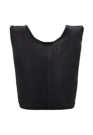 Schwarze Ledertasche mit weit geöffnetem oberen Bereich und dezentem vertikalem Nahtverlauf in der Mitte, vor weißem Hintergrund gezeigt.