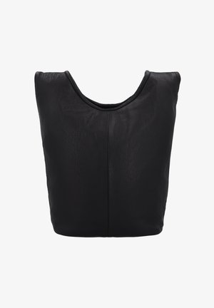 Mustast nahast ostukott, millel on lai avatud ülemine serv ja peen vertikaalne õmblus keskel, valgel taustal.