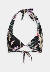 Top de biquíni preto com padrões florais e de folhas, design de halter, laço ajustável nas costas e textura de tecido suave.