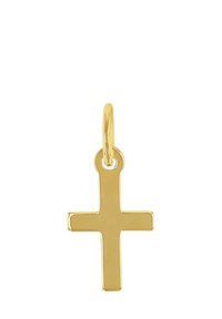 Ciondolo croce di colore oro lucido con bordi morbidi e anello attaccato per collana o catena.