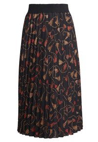 Fållad svart kjol med ett mönster av fransar och rep i röd, guld och beige. Resårlinning för en bekväm passform.