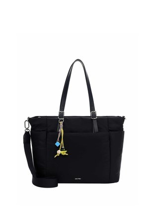 Borsa tote nera con doppi manici, tracolla staccabile, tasca frontale e charm decorativo con perline e piccole figure.