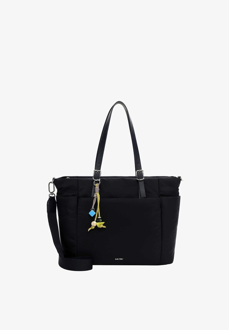 Black tote bag with dual handles, detachable shoulder strap, front pocket, and decorative charm with beads and small figures.