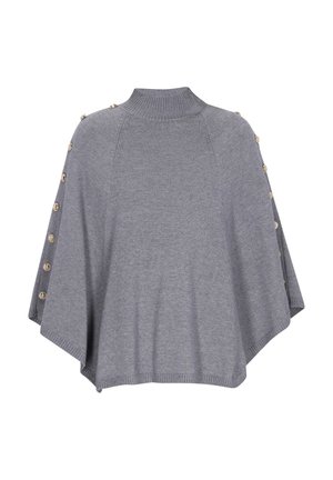 Suéter poncho gris con cuello alto, con botones en los laterales y un dobladillo acanalado. Textura suave con un diseño suelto y fluido.
