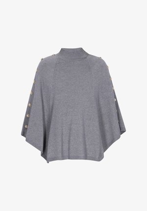 Siv pončo pulover z visokim ovratnikom, ki ima stranske gumbe in rebrast rob. Mehka tekstura z ohlapnim, padajočim dizajnom.