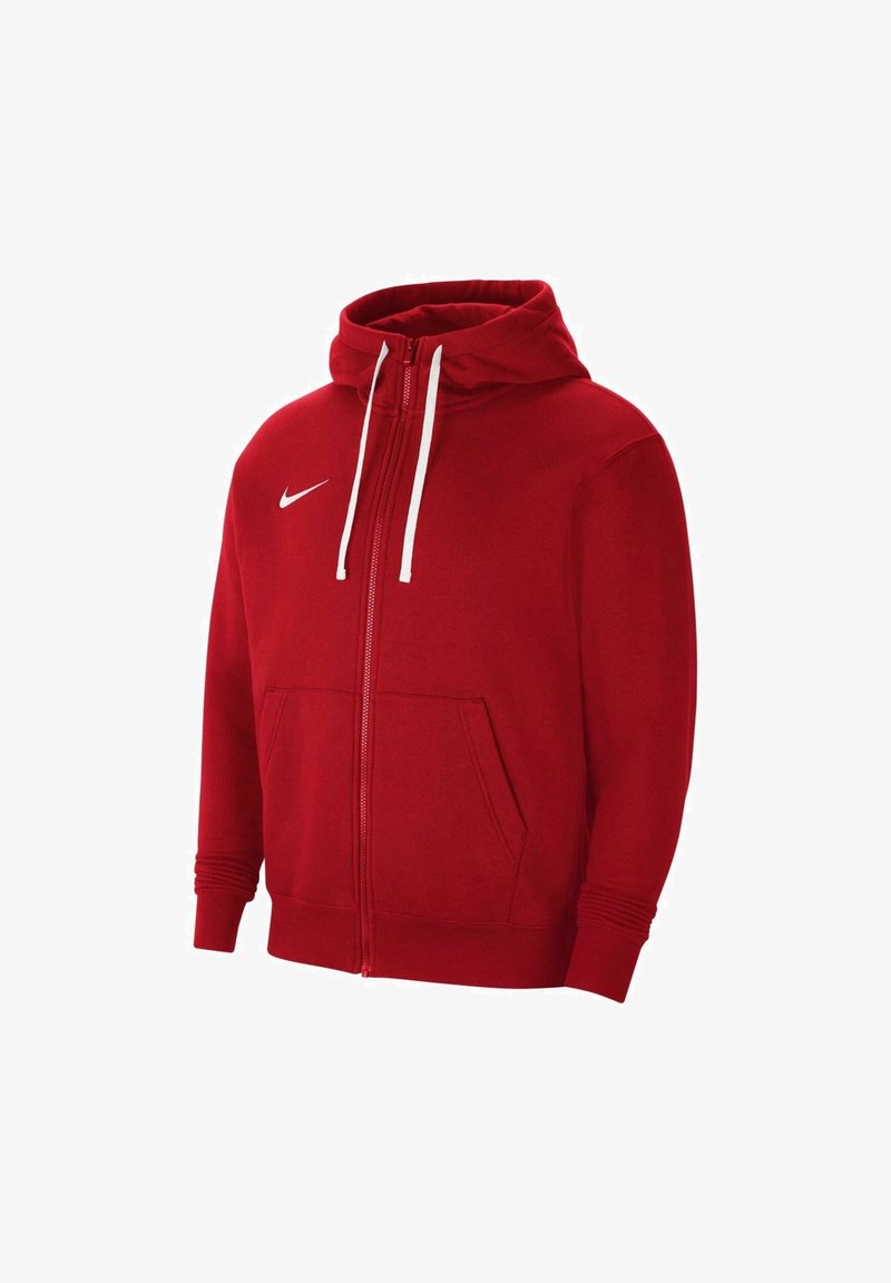 Sweat à capuche zippé rouge avec cordons blancs, poches latérales, poignets côtelés et logo Nike swoosh blanc sur la poitrine gauche.
