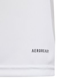 Maglietta atletica bianca traspirante con tessuto a trama, con la scritta "AEROREADY" stampata in nero nella parte inferiore destra.