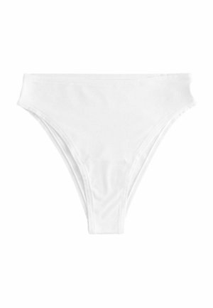 Bas de bikini blanc avec un design à taille haute. Fabriqué en tissu doux, il présente une texture lisse et un style minimaliste adapté pour la baignade.