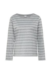 Graues Langarmshirt mit horizontalen Streifen in verschiedenen Grautönen. Baumwollmischgewebe mit einer weichen Textur und einem runden Halsausschnitt.