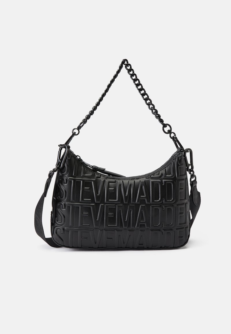Black handbag made of textured leather, featuring a debossed logo design, single chain and detachable strap, with a zip closure.