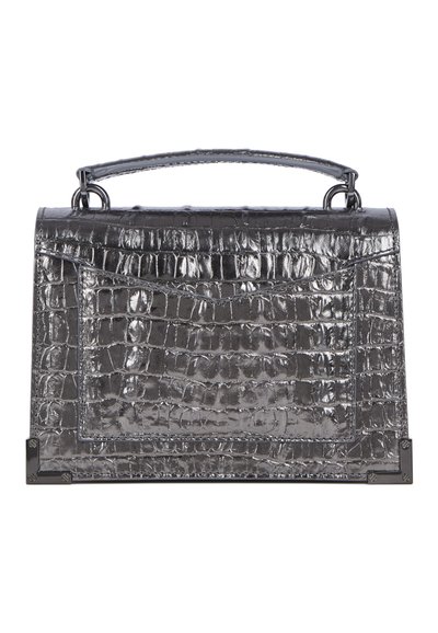 Graue Krokodilprägung Lederhandtasche mit strukturiertem Design, einem oberen Griff und metallischen Akzenten an den Ecken für zusätzliche Haltbarkeit.