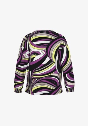Langärmelige Bluse mit abstraktem, wirbelndem Muster in Lila-, Schwarz-, Weiß-, Beige- und Gelbtönen, mit rundem Ausschnitt und elastischen Bündchen.