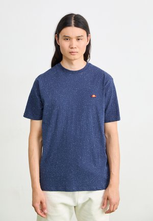 Navy blue short-sleeve t-shirt with a speckled pattern and a small red, yellow, and orange logo on the left chest. Cotton material.