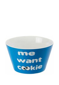 Ciotola blu con design conico e interno bianco, che presenta la frase "me want cookie" e due occhi in stile cartone animato all'esterno.
