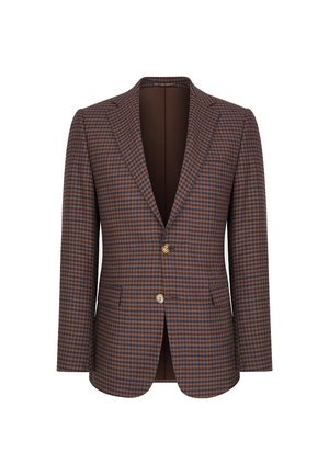 Brązowa marynarka w kratę z wyłogiem, zapinana na jeden guzik, z dwiema przednimi kieszeniami. Gładka tekstura i dopasowany krój.