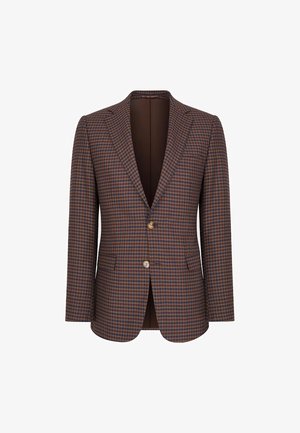 Brązowa marynarka w kratę z wyłogiem, zapinana na jeden guzik, z dwiema przednimi kieszeniami. Gładka tekstura i dopasowany krój.