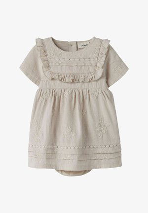 Baby-Kleid in Creme mit kurzen Ärmeln, gerafftem Kragen, bestickten Blumenmustern und Spitzenbesatz am Saum.