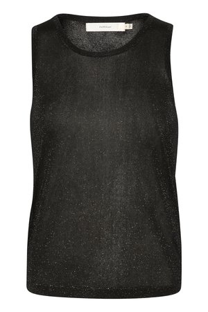 Sort ærmeløs top med diskret sølvglimmer og rund halsudskæring, mærket InWear, størrelse small.