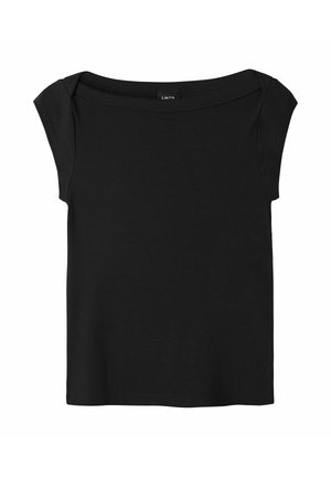 Czarny, prążkowany top z krótkimi rękawami, szerokim kwadratowym dekoltem i dopasowanym krojem, pokazany na płaskim białym tle.