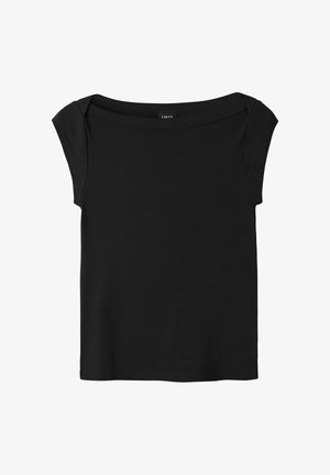 Sort ribstrikket top med korte ærmer, bred firkantet halsudskæring og tætsiddende silhuet, vist fladt på hvid baggrund.