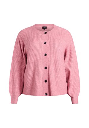 Rozā ribota džemperis ar garām piedurknēm un apaļu kakla izgriezumu, priekšpusē melnas pogas un maiga tekstūra.