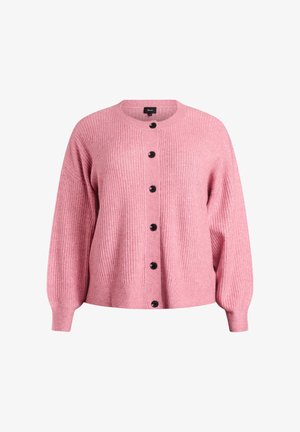 Rosa gerippte Strickjacke mit langen Ärmeln und rundem Ausschnitt, ausgestattet mit schwarzen Knöpfen vorne und weicher Textur.