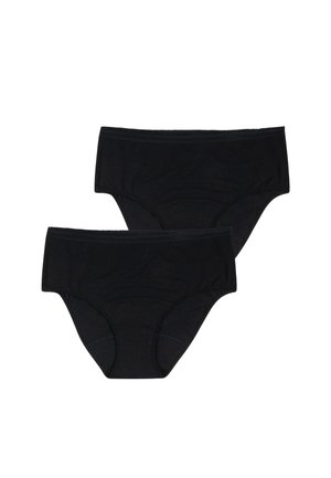 Deux culottes pour femmes en coton noir uni de style slip, avec ceintures élastiques, sur fond blanc.