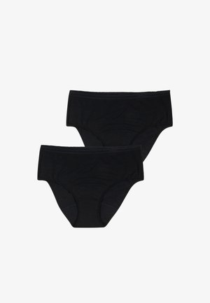 Deux culottes pour femmes en coton noir uni de style slip, avec ceintures élastiques, sur fond blanc.