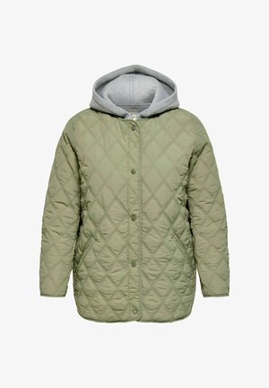 Lysegrønn vattert jakke med trykknapper og påsydd grå hettegenserlag.