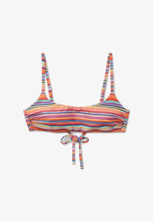 Striped bikini top with multi-color horizontal lines, adjustable straps, and a front tie closure. Made from stretchy material for comfort.