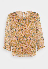 Senfgelbe Bluse mit floralem Muster in Pink, Weiß, Blau und Rot, runder Halsauschnitt, Schlüsselloch-Rücken und dreiviertellangen Puffärmeln mit gerafften Bündchen.