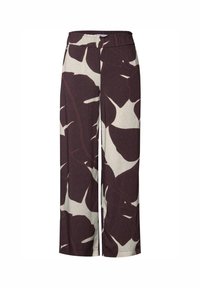 Wijde broek met een donkerburgundy en crèmekleurig abstract bladpatroon, voorzien van een elastische tailleband en een gladde, lichte stof.
