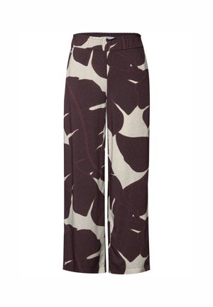 Pantalons à jambe large avec un motif abstrait de feuilles en bordeaux foncé et crème, dotés d'une taille élastique et d'un tissu lisse et léger.