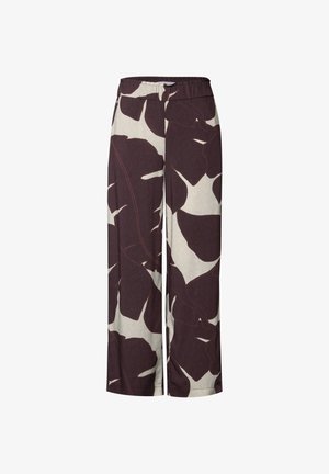 Weite Hose mit einem dunkelburgunderfarbenen und cremefarbenen abstrakten Blattmuster, einem elastischen Bund und einem glatten, leichten Stoff.