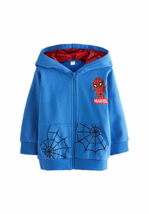 Blå zip-up hættetrøje med Spider-Man grafik, rød indvendig foring og sorte edderkoppespind designs på forsiden af lommerne.