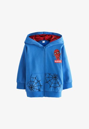 Blaue Zip-Hoodie mit Spider-Man-Grafik, rotem Innenfutter und schwarzen Spinnennetzdesigns auf den vorderen Taschen.
