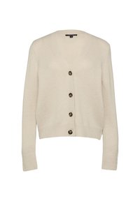 Beżowy dzianinowy kardigan z dekoltem w serek, z ribbortu na mankietach i guzikami z przodu. Miękka faktura z lekko skróconym krojem.