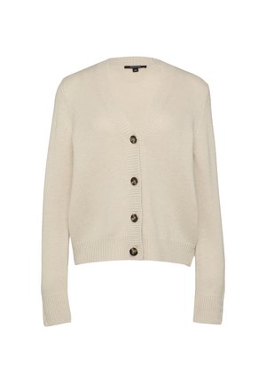 Beige gestrickte Strickjacke mit V-Ausschnitt, gerippten Bündchen und vorderen Knöpfen. Sanfte Textur mit einem leicht verkürzten Design.