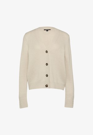 Beżowy dzianinowy kardigan z dekoltem w serek, z ribbortu na mankietach i guzikami z przodu. Miękka faktura z lekko skróconym krojem.
