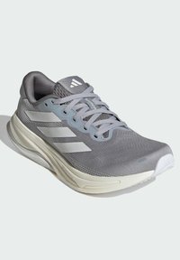 Chaussure de sport gris clair avec une tige en mesh, un talon renforcé, une semelle en caoutchouc blanche et trois rayures blanches sur le côté. Dotée de lacets plats.