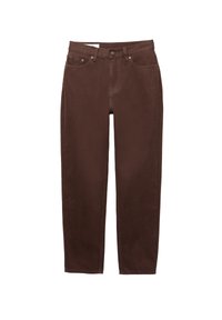 Jean marron à coupe droite avec poches avant et arrière, passants pour ceinture, et fermeture par bouton et zip sur fond blanc.