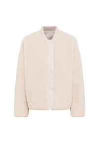 Veste en polaire beige chaud avec une texture douce, col côtelé et fermeture à boutons-pression. Design droit avec des manches longues.