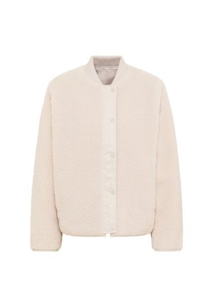 Veste en polaire beige chaud avec une texture douce, col côtelé et fermeture à boutons-pression. Design droit avec des manches longues.
