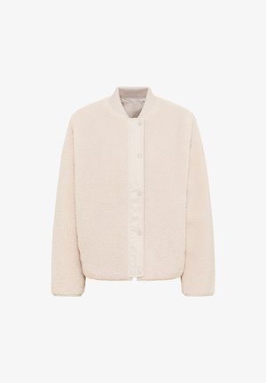 Warme beige fleece jas met een zachte textuur, een geribde kraag en drukknopen sluiting. Recht gesneden ontwerp met lange mouwen.