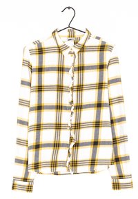 Camicia a maniche lunghe a quadri con motivi gialli, grigi e bianchi, dotata di una placca dei bottoni arricciata e di un colletto classico.