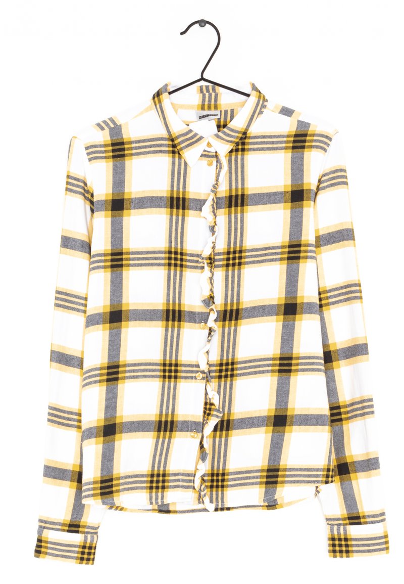 Long-sleeve plaid shirt featuring yellow, gray, and white checks, with a ruffled button placket and a classic collar.