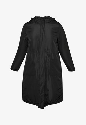 Fekete párnázott kabát kapucnival, hosszú ujjal, oldalsó zsebekkel, kötőfűzős derékkal és egyenes fazonnal. Simább, fényes anyag minimalista dizájnnal.