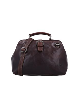 Bolso de mano de cuero marrón con forma estructurada, doble asa y correa de hombro desmontable. Presenta herrajes metálicos y acentos cosidos.