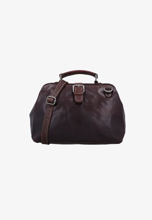 Bruine leren handtas met een gestructureerde vorm, dubbele handvaten en een afneembare schouderriem. Voorzien van metalen hardware en gestikte accenten.