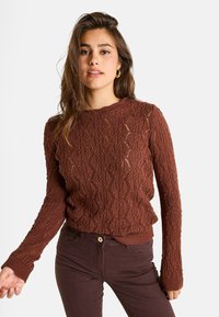 Pull en laine brun avec un motif en dentelle complexe, poignets et ourlet côtelés. Coupe ajustée, col rond, porté avec un pantalon brun foncé.